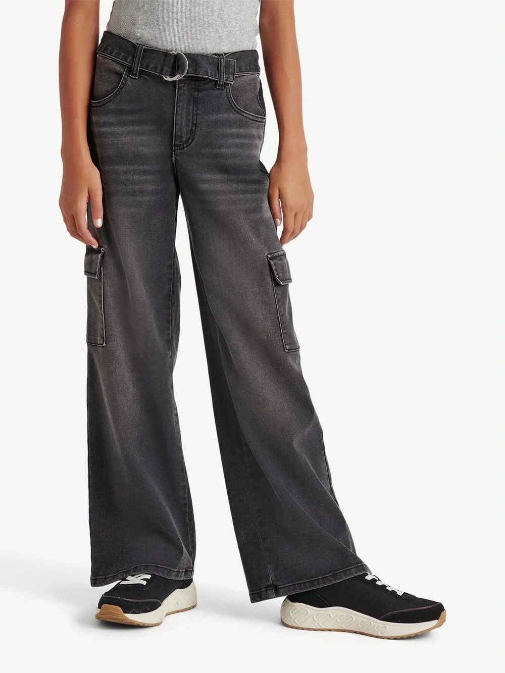 Justice Black Wide-Leg Cargo Jeans with Belt girls 7
